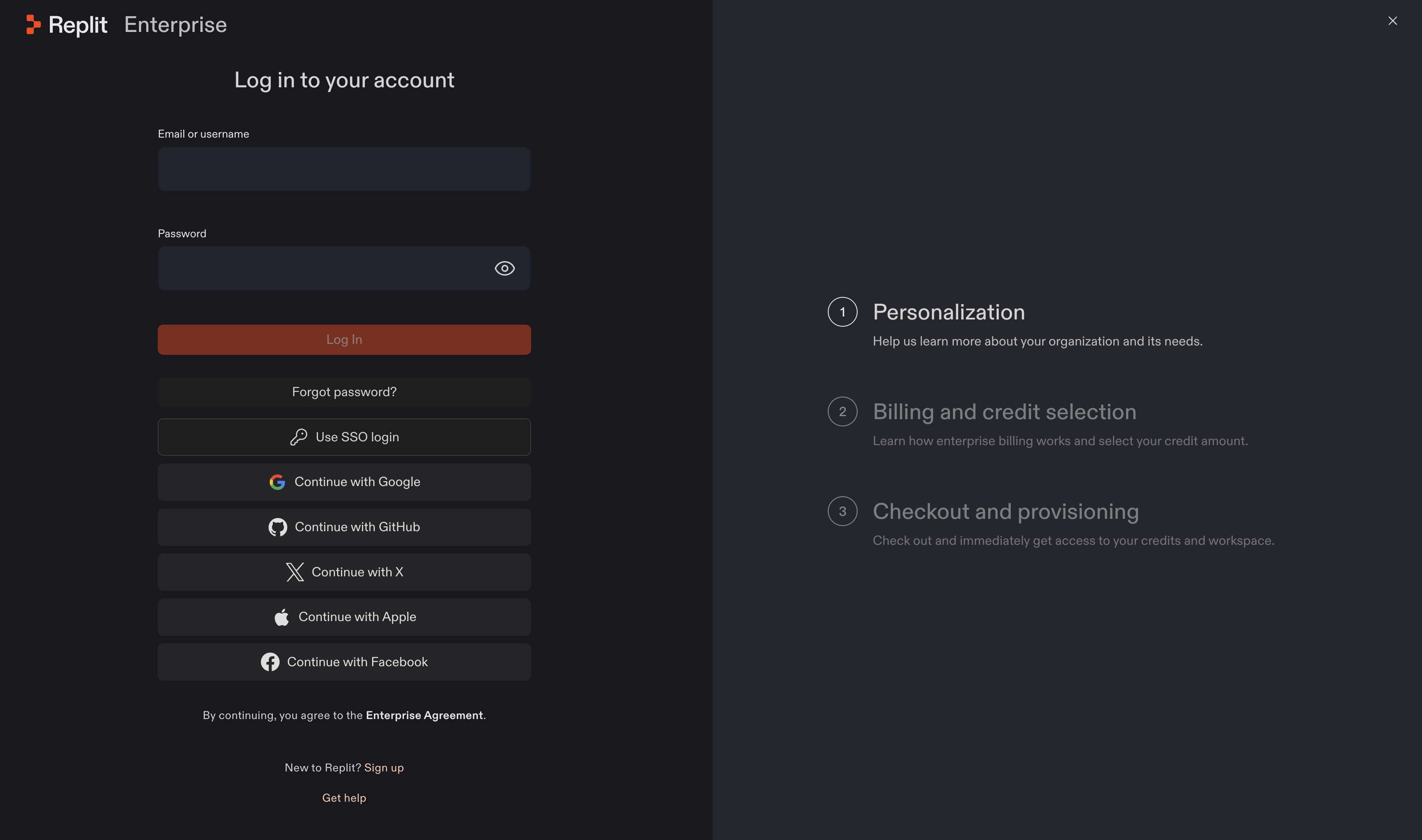Replit Enterprise login page with login options and a Sign up link. The right panel lists Personalization, Billing and credit selection, and Checkout and provisioning.