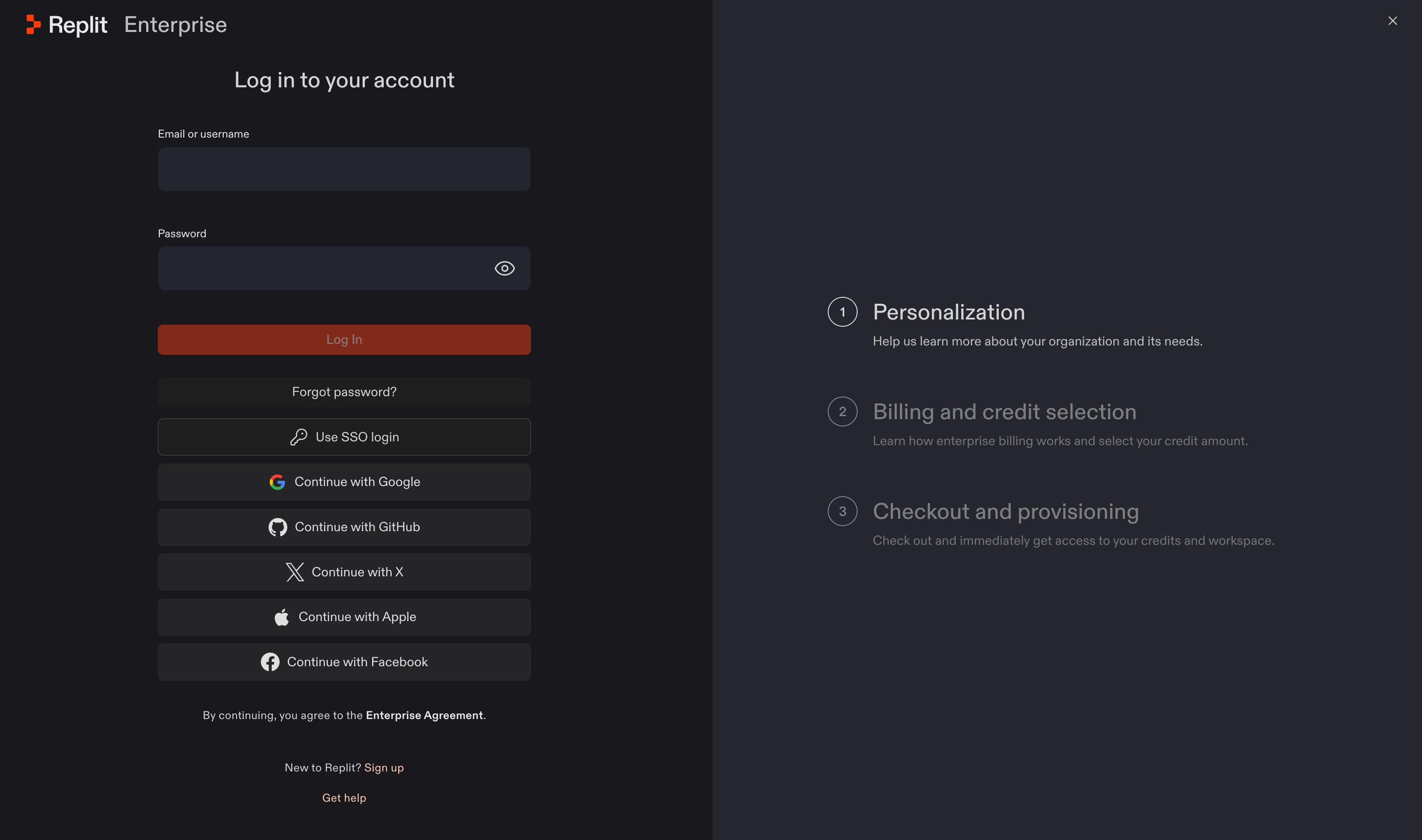 Replit Enterprise login page with login options and a Sign up link. The right panel lists Personalization, Billing and credit selection, and Checkout and provisioning.