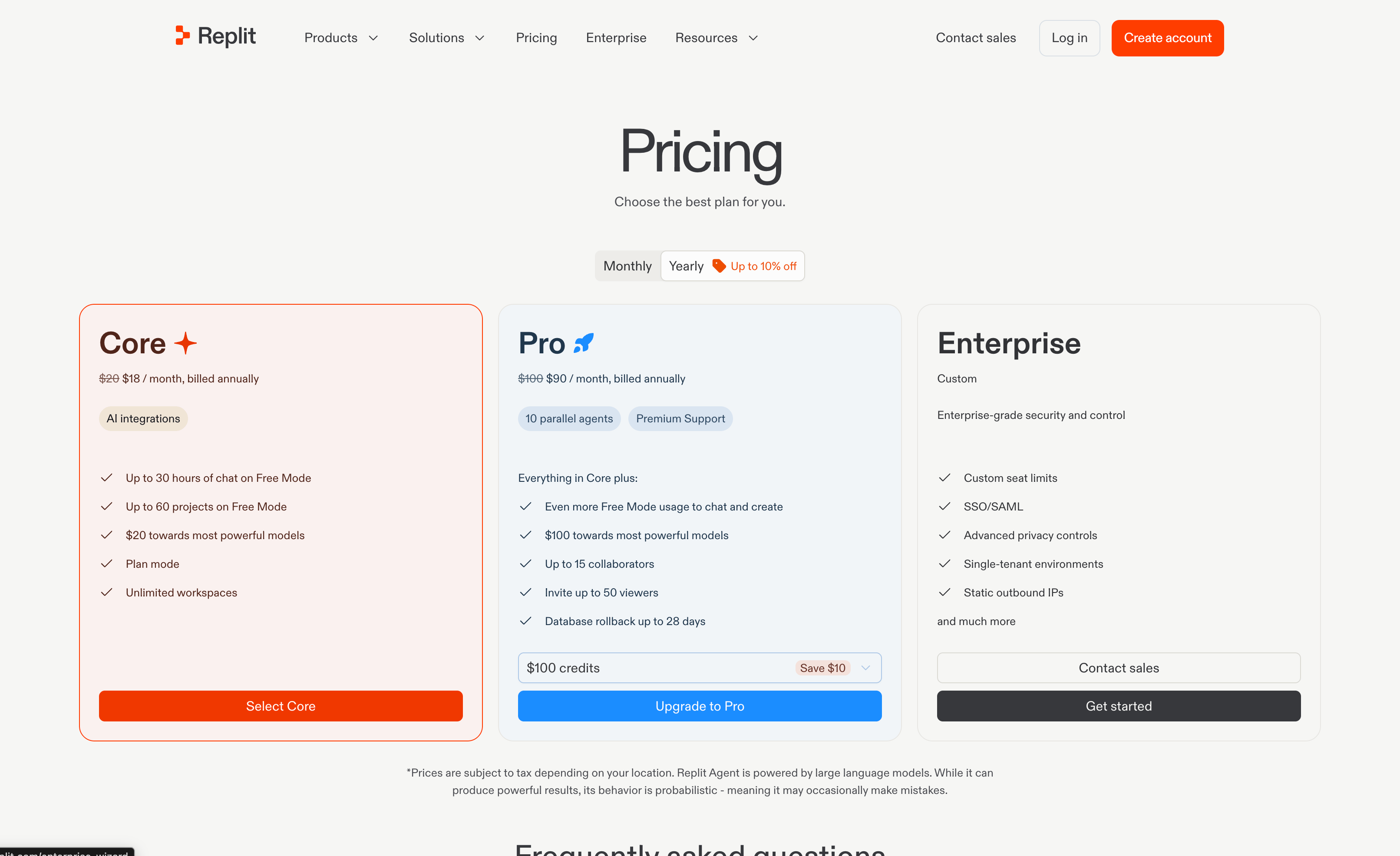 Replit pricing page with Core, Pro, and Enterprise plans. The Enterprise card includes a Get started button below Contact sales.