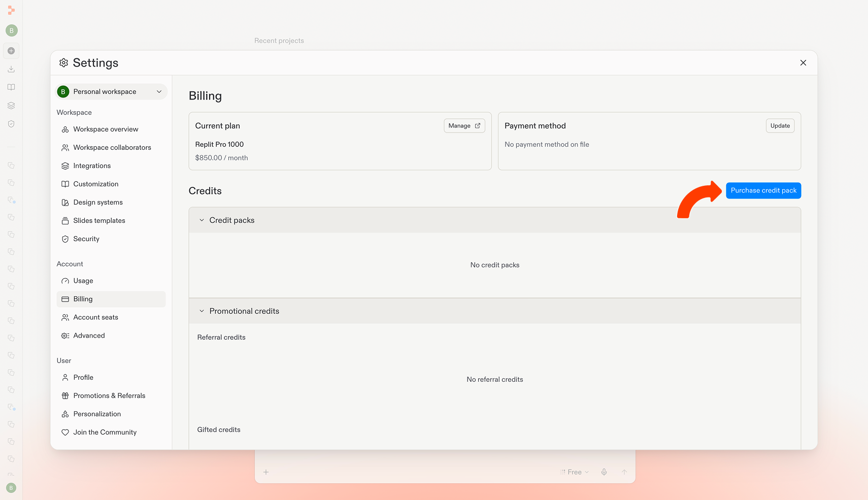 The Billing tab in Settings with the Purchase credit pack button highlighted