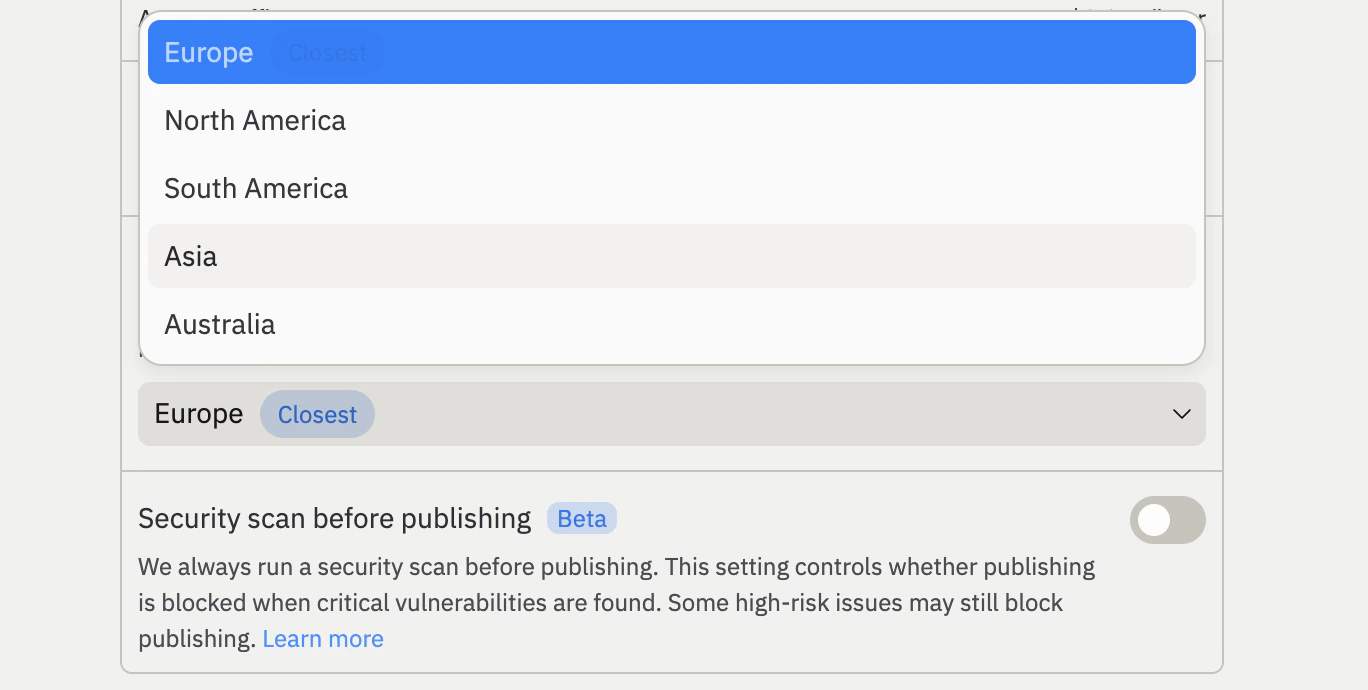 Geography dropdown in the publishing Advanced settings showing Europe selected as Closest, with North America, South America, Asia, and Australia also available