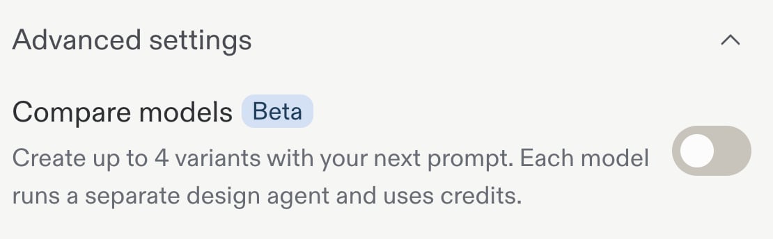 Advanced settings expanded with the Compare models Beta toggle switched off, described as creating up to 4 variants with your next prompt