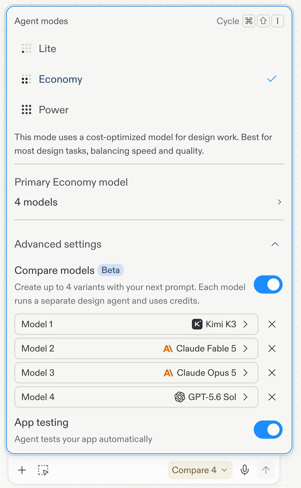 The Agent modes popover with Compare models on and four model slots — Kimi K3, Claude Fable 5, Claude Opus 5, and GPT-5.6 Sol — each removable, and the chat send button reading Compare 4