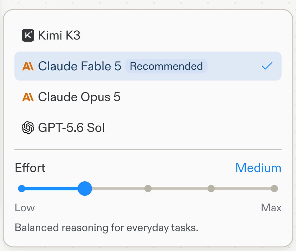 The Primary model list with Claude Fable 5 selected and the Effort slider set to Medium, described as balanced reasoning for everyday tasks