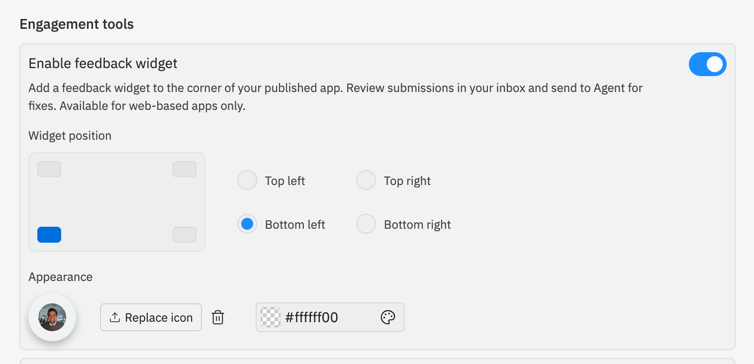 Feedback widget configuration panel showing position, icon, and background color customization options