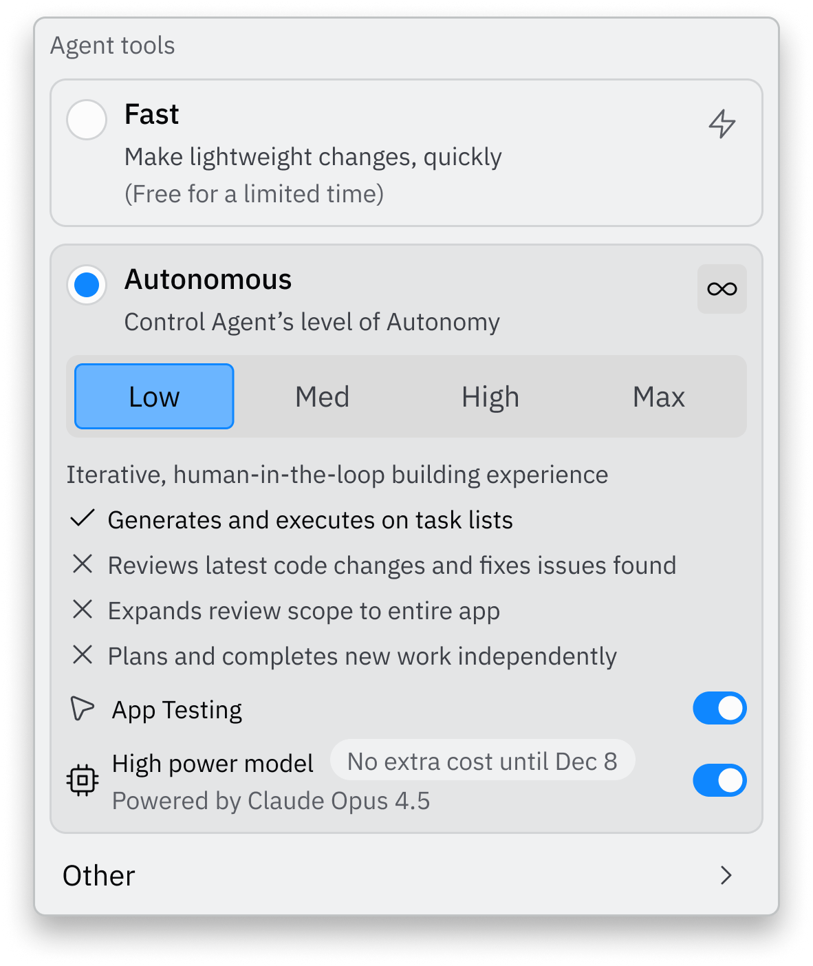 Agent tools showing High Power model with no extra cost until December 8
