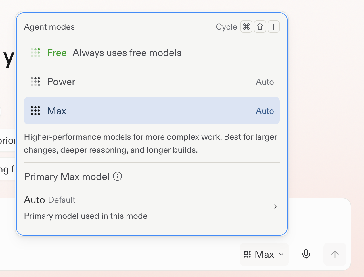 Mode selector with Free selected, alongside Power and Max options