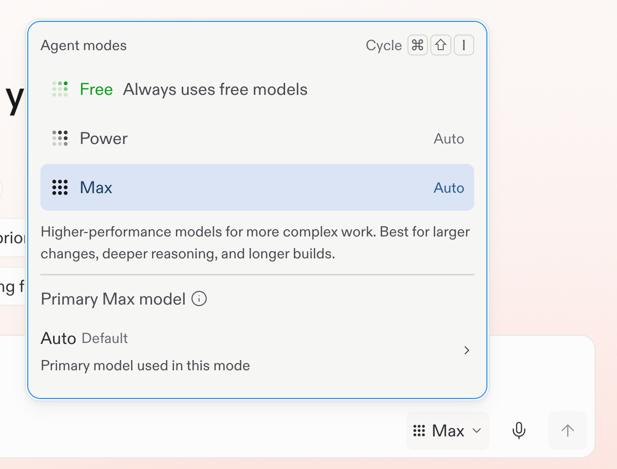 Mode selector with Free selected, alongside Power and Max options
