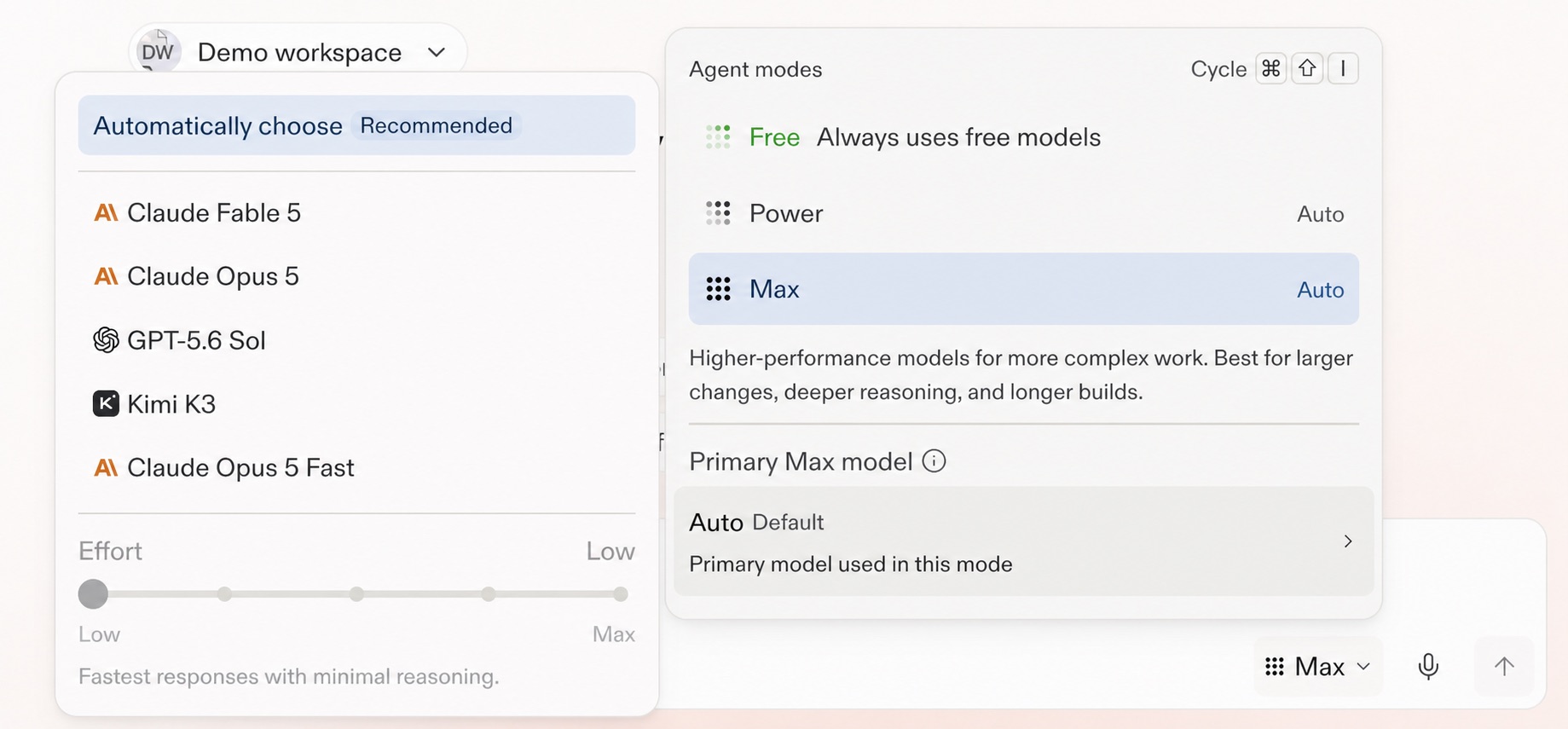 Agent settings showing Automatically choose recommended, available models, the Effort control, and Max Mode using Auto
