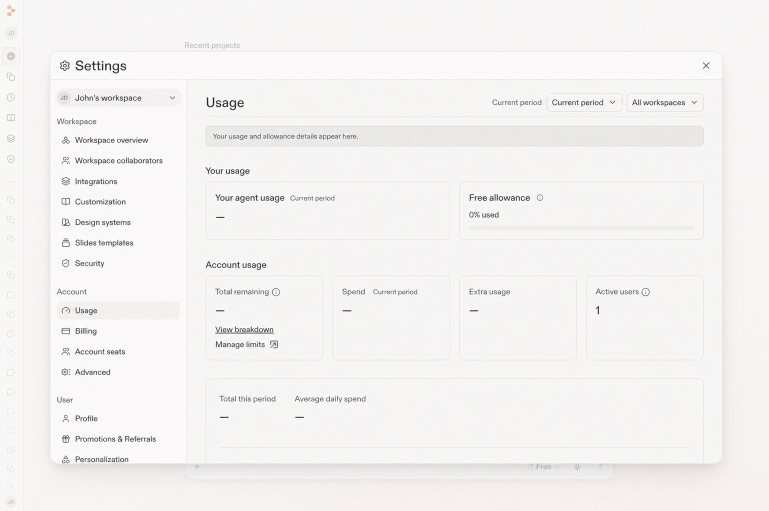 Settings Usage page with the Free allowance panel visible