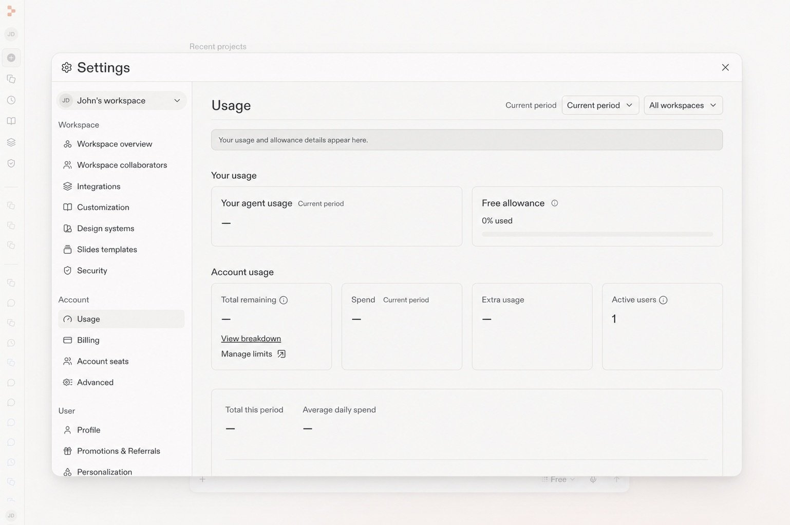 Settings Usage page with the Free allowance panel visible