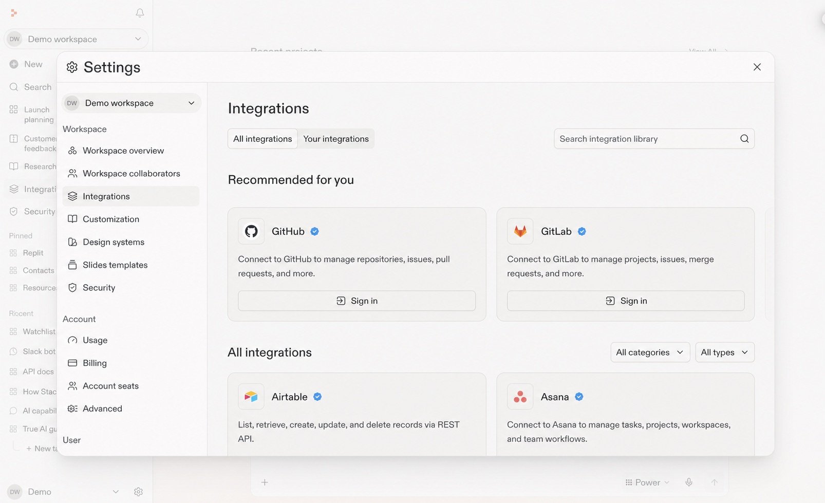 Sanitized Replit integrations library showing recommended and available integrations