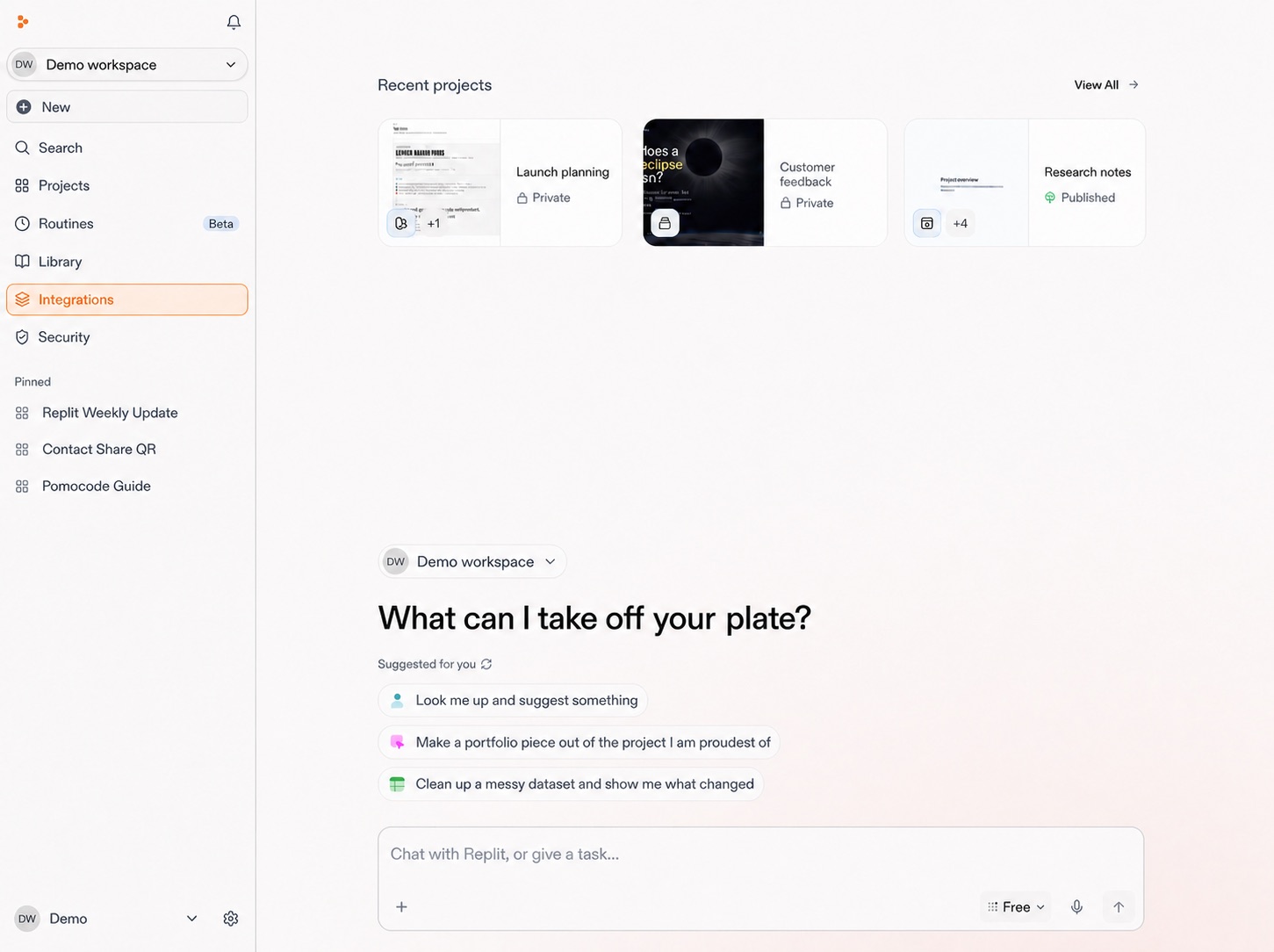 Sanitized Replit Workspace home with Integrations highlighted in the left sidebar