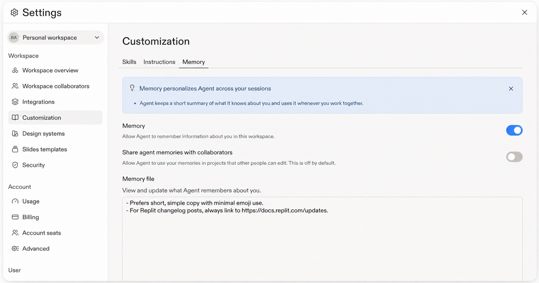Settings > Customization > Memory showing the Memory toggle, optional collaborator sharing, and editable Memory file