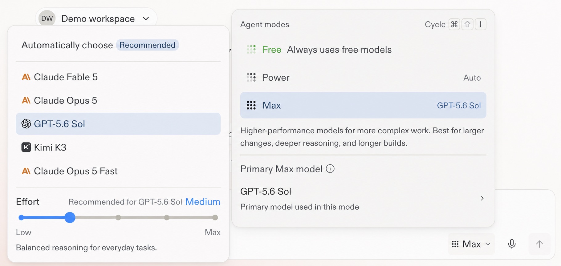 Demo workspace model selector with GPT-5.6 Sol selected in Max Mode and Effort set to Medium
