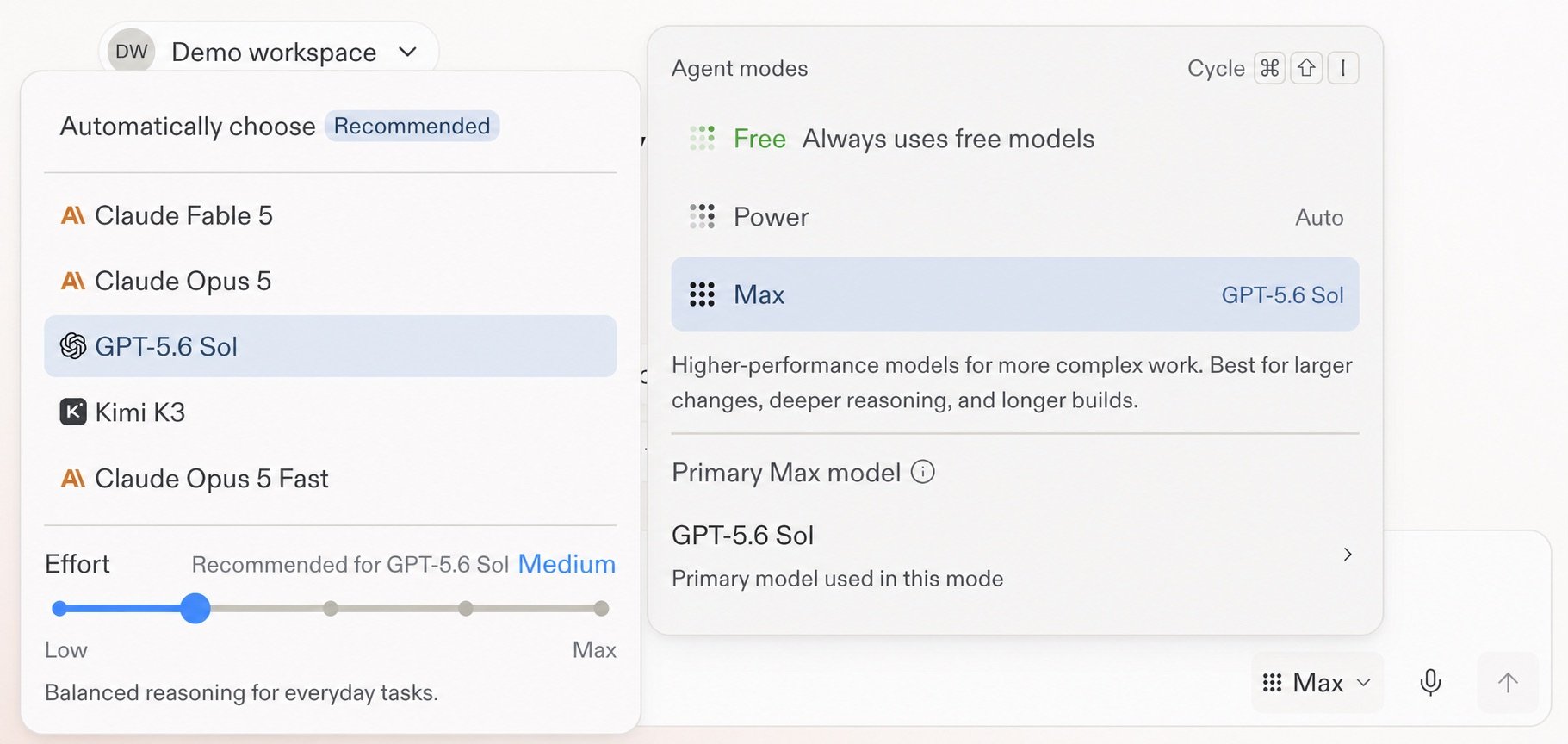Demo workspace model selector with GPT-5.6 Sol selected in Max Mode and Effort set to Medium
