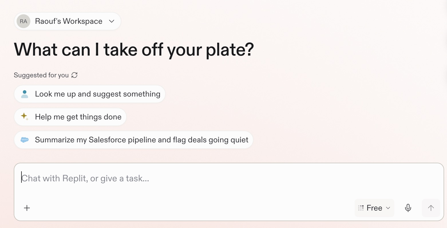 Replit conversation home screen with suggested prompts and a message box for chatting with Replit or giving it a task