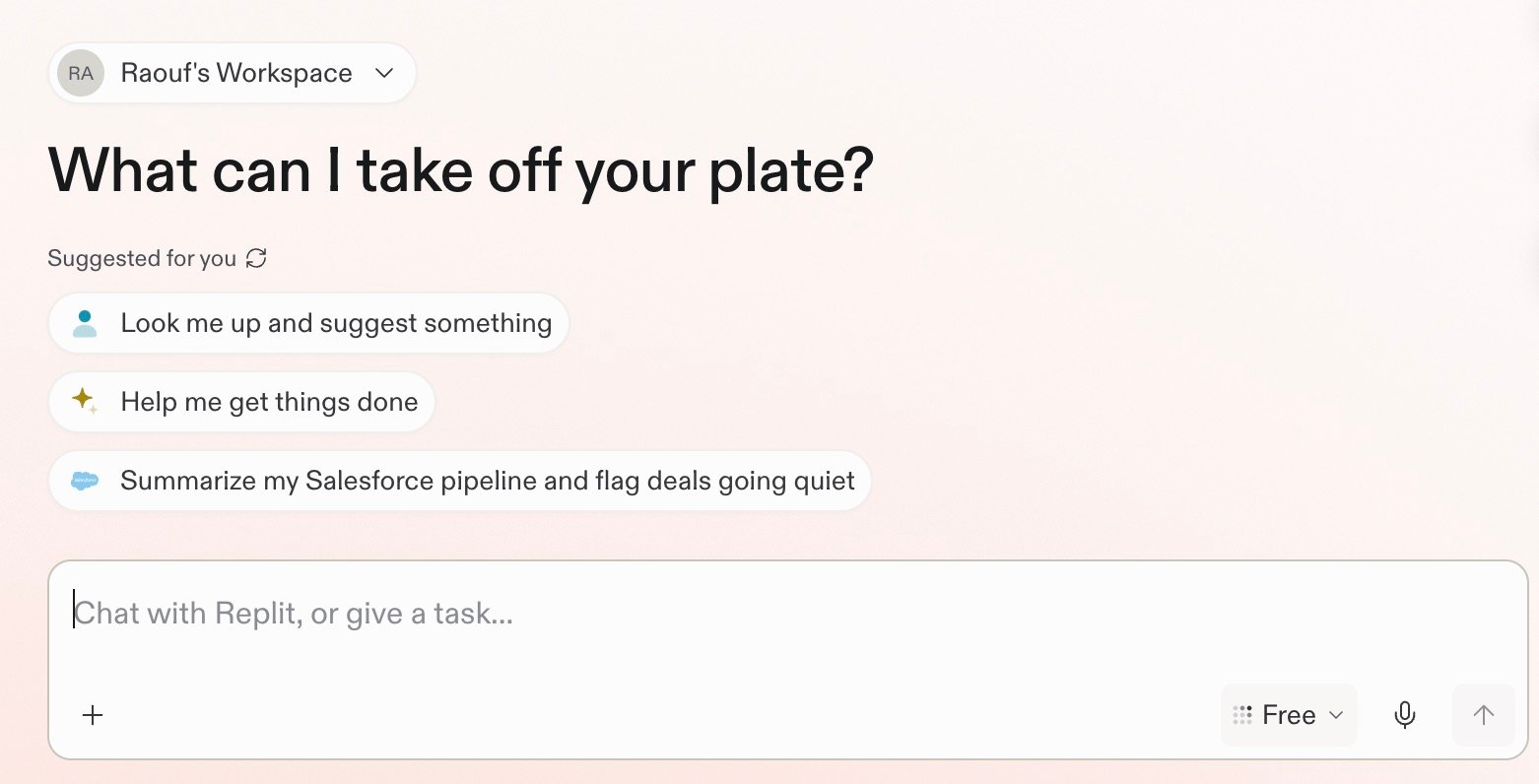 Replit conversation home screen with suggested prompts and a message box for chatting with Replit or giving it a task
