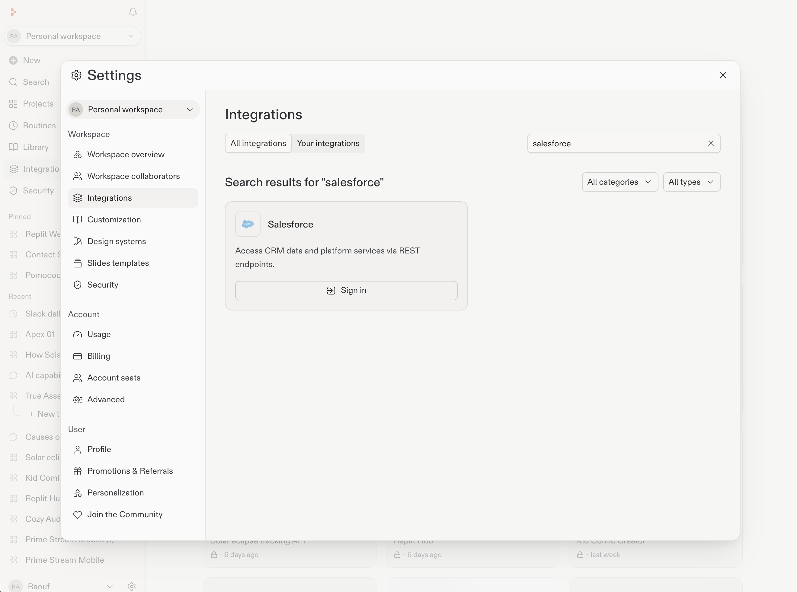 Settings Integrations page with Salesforce in the search results and a Sign in button