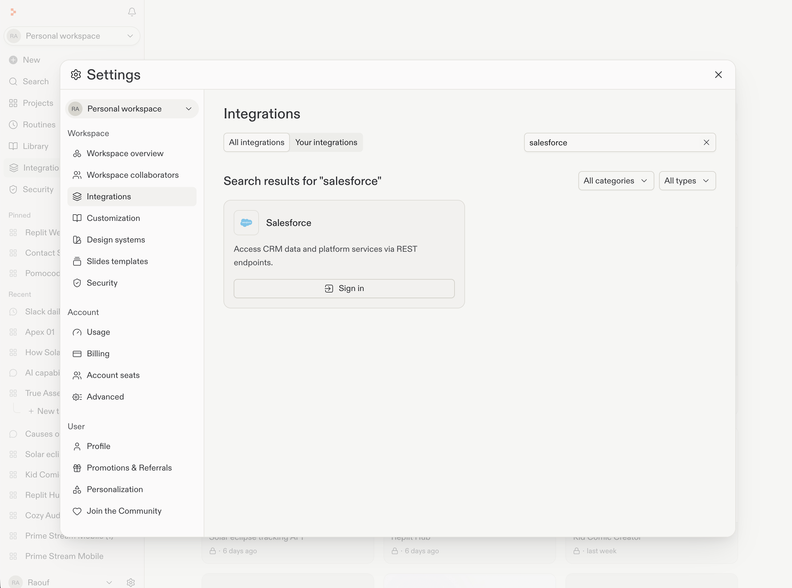 검색 결과에 Salesforce와 Sign in 버튼이 표시된 Settings Integrations 페이지