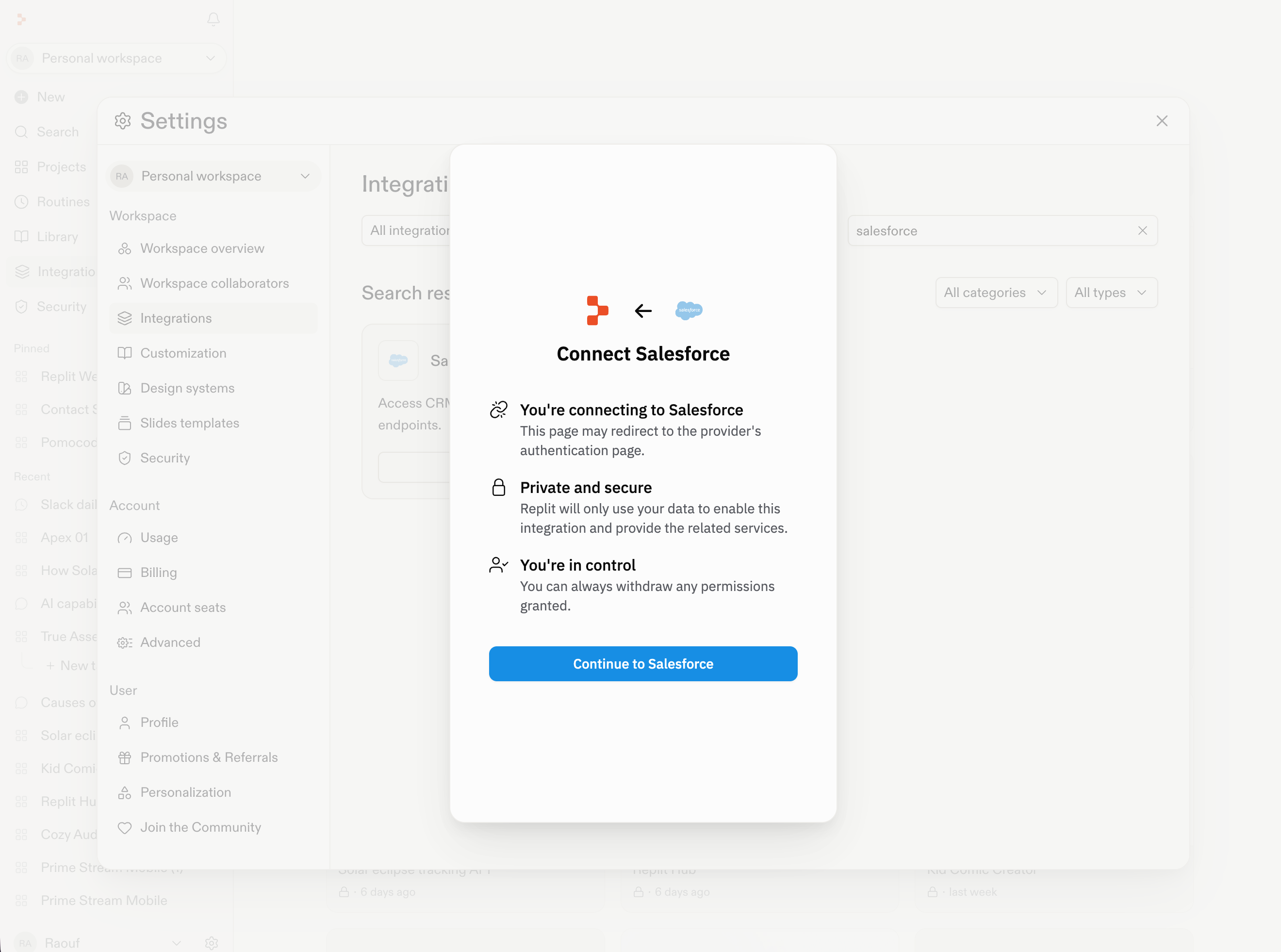 Salesforce connection dialog explaining provider authentication and the permissions Replit requests