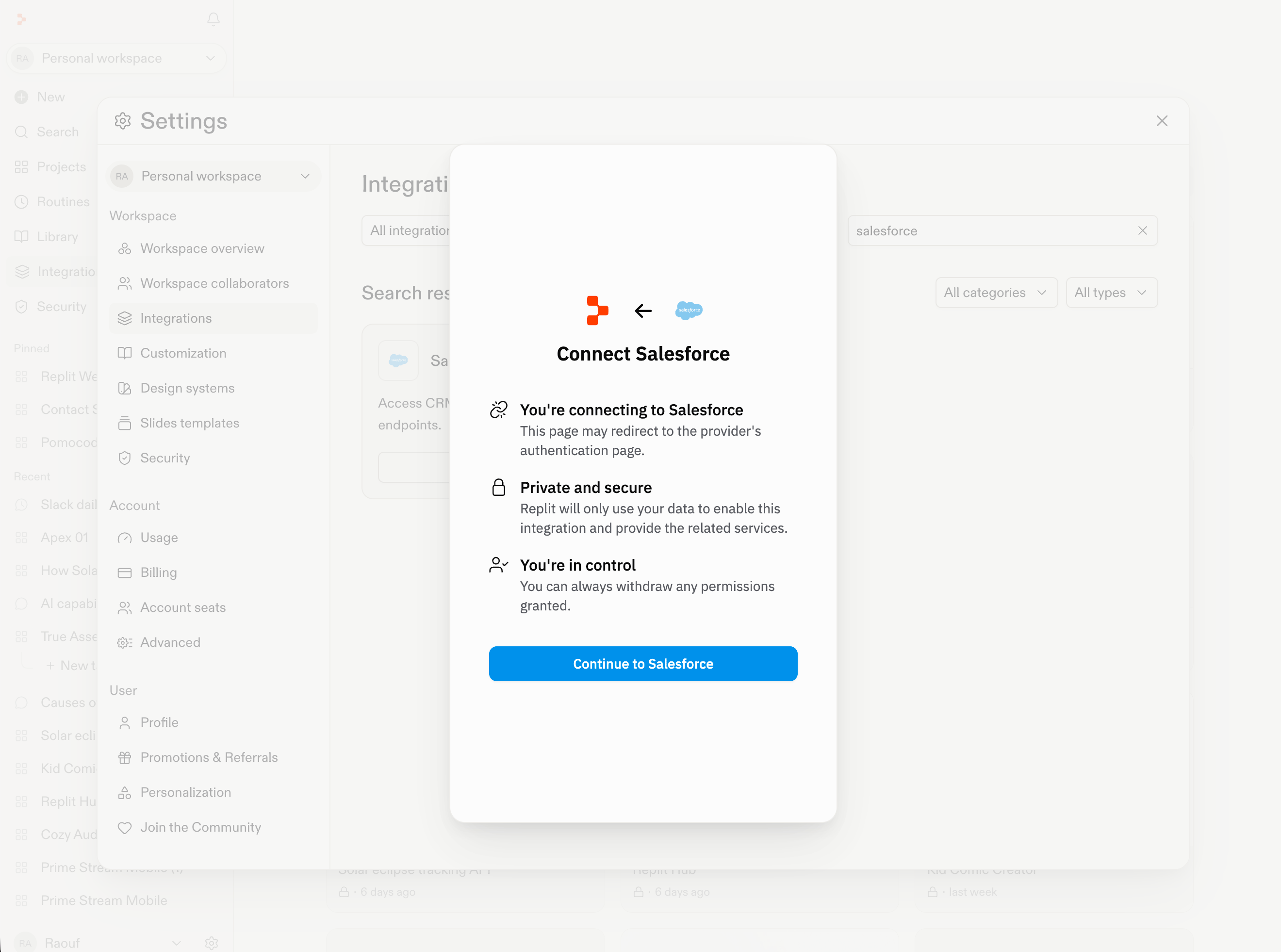 공급자 인증과 Replit이 요청하는 권한을 설명하는 Salesforce 연결 대화상자