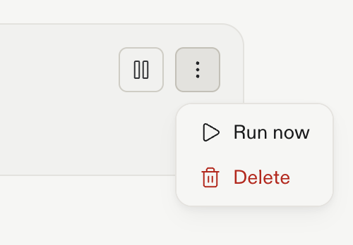 Routine action menu with Run now and Delete options