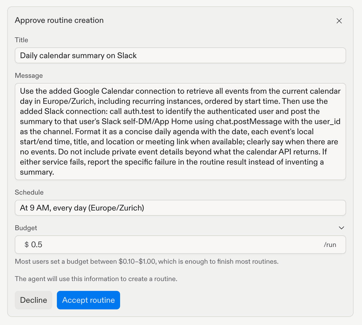 Routine approval dialog showing the title, instructions, schedule, and Accept routine button