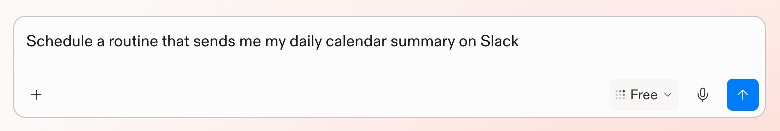 Replit prompt box with a request to schedule a daily calendar summary on Slack