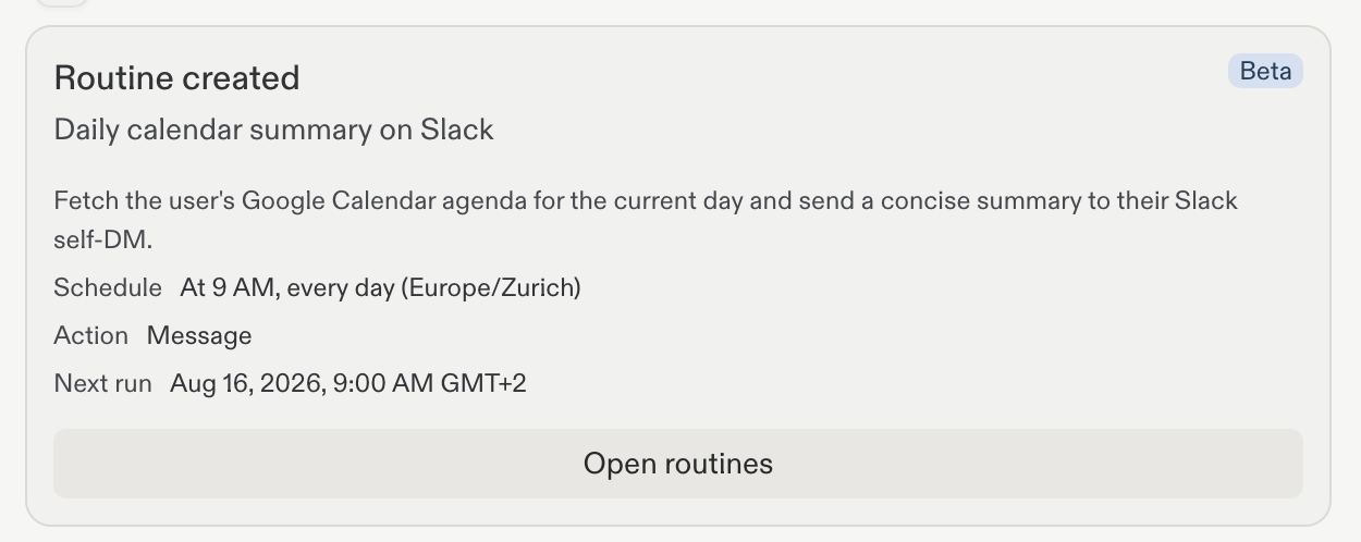 Routine created confirmation for a daily calendar summary on Slack with its approved schedule