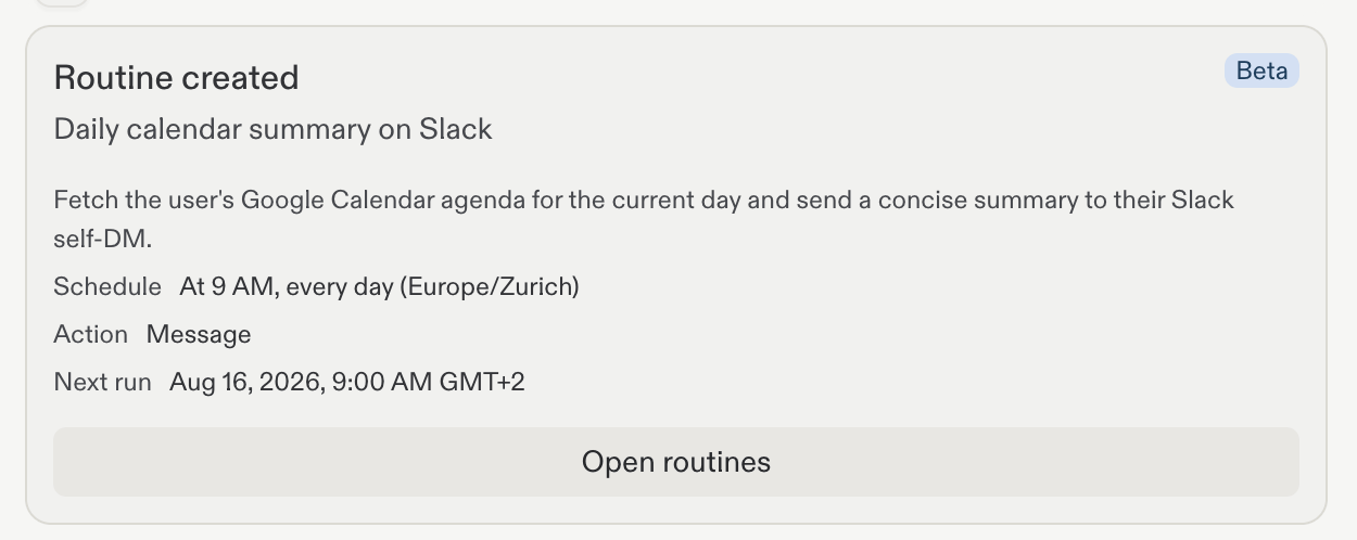 Routine created confirmation for a daily calendar summary on Slack with its approved schedule