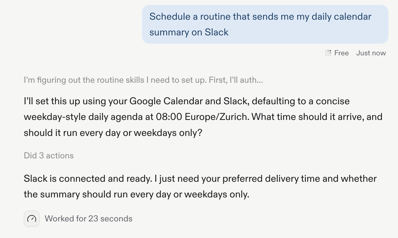 Replit asks what time the calendar summary should arrive and whether the Routine should run every day or on weekdays