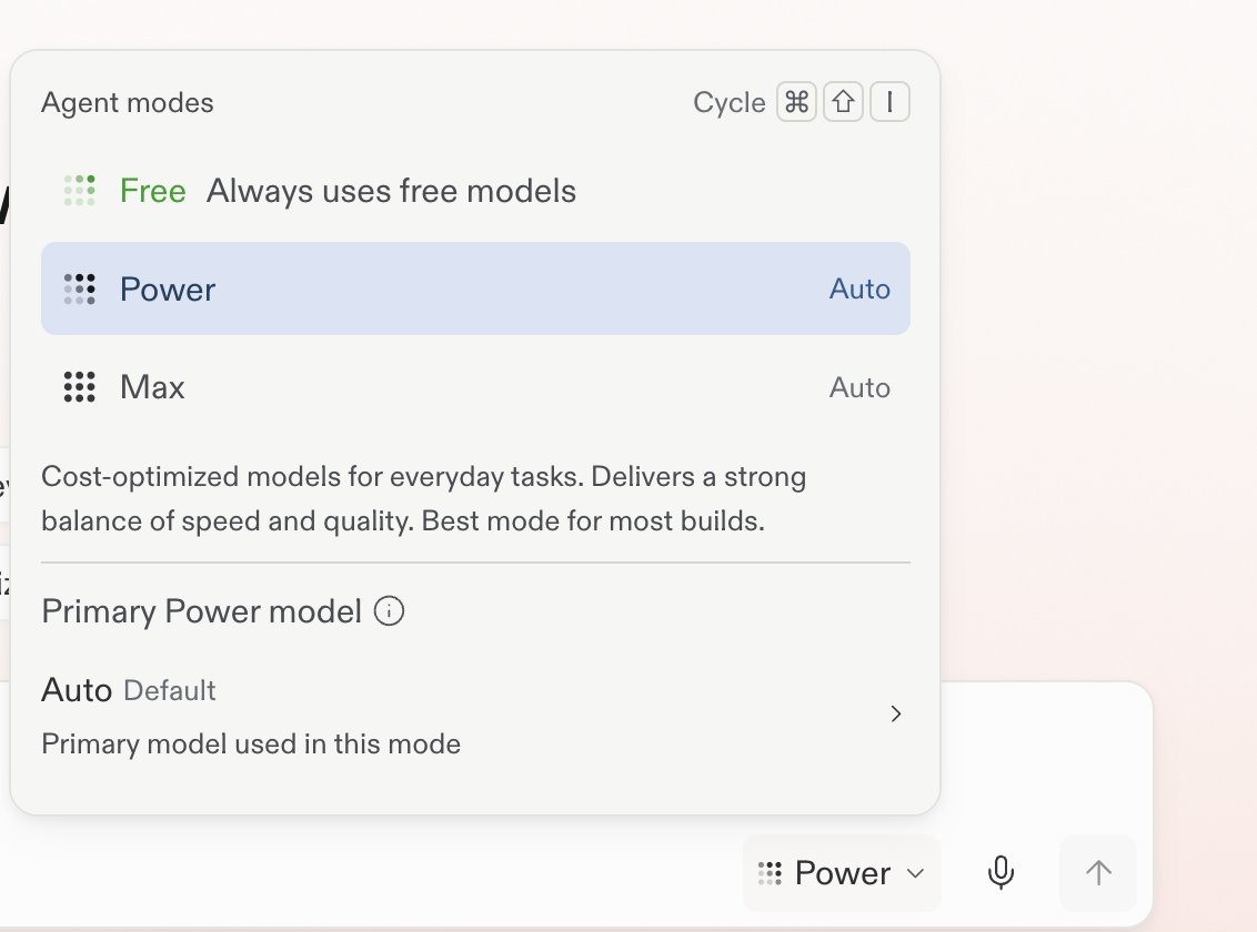 Replit mode selector with Power selected and Free and Max also available