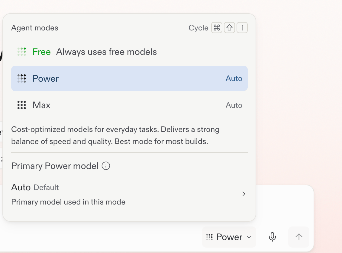 Replit mode selector with Power selected and Free and Max also available