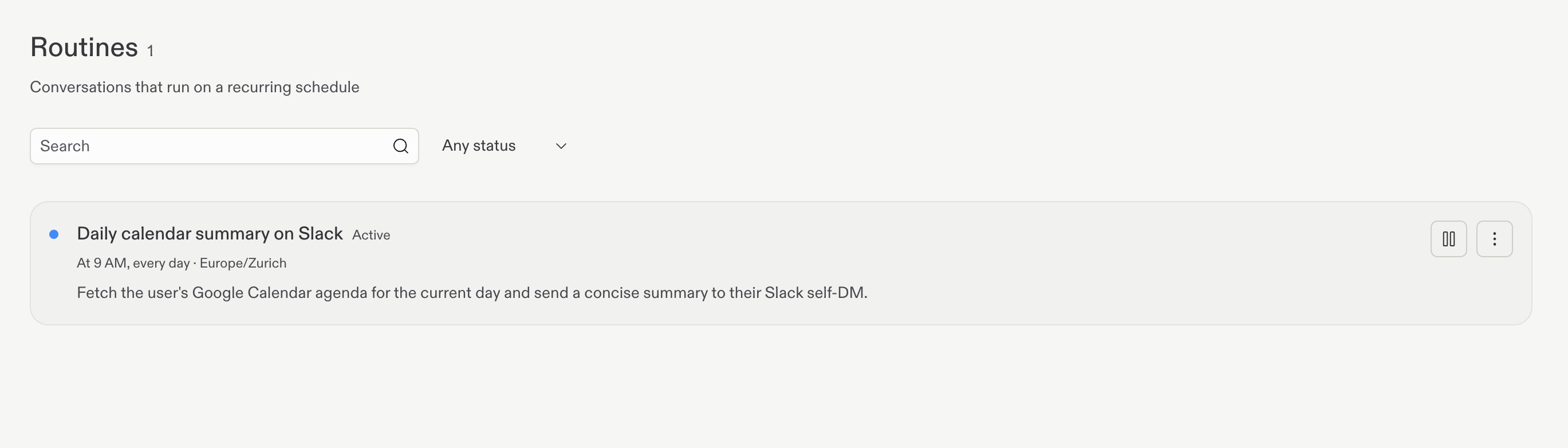 Routines page listing the active daily calendar summary on Slack and its schedule