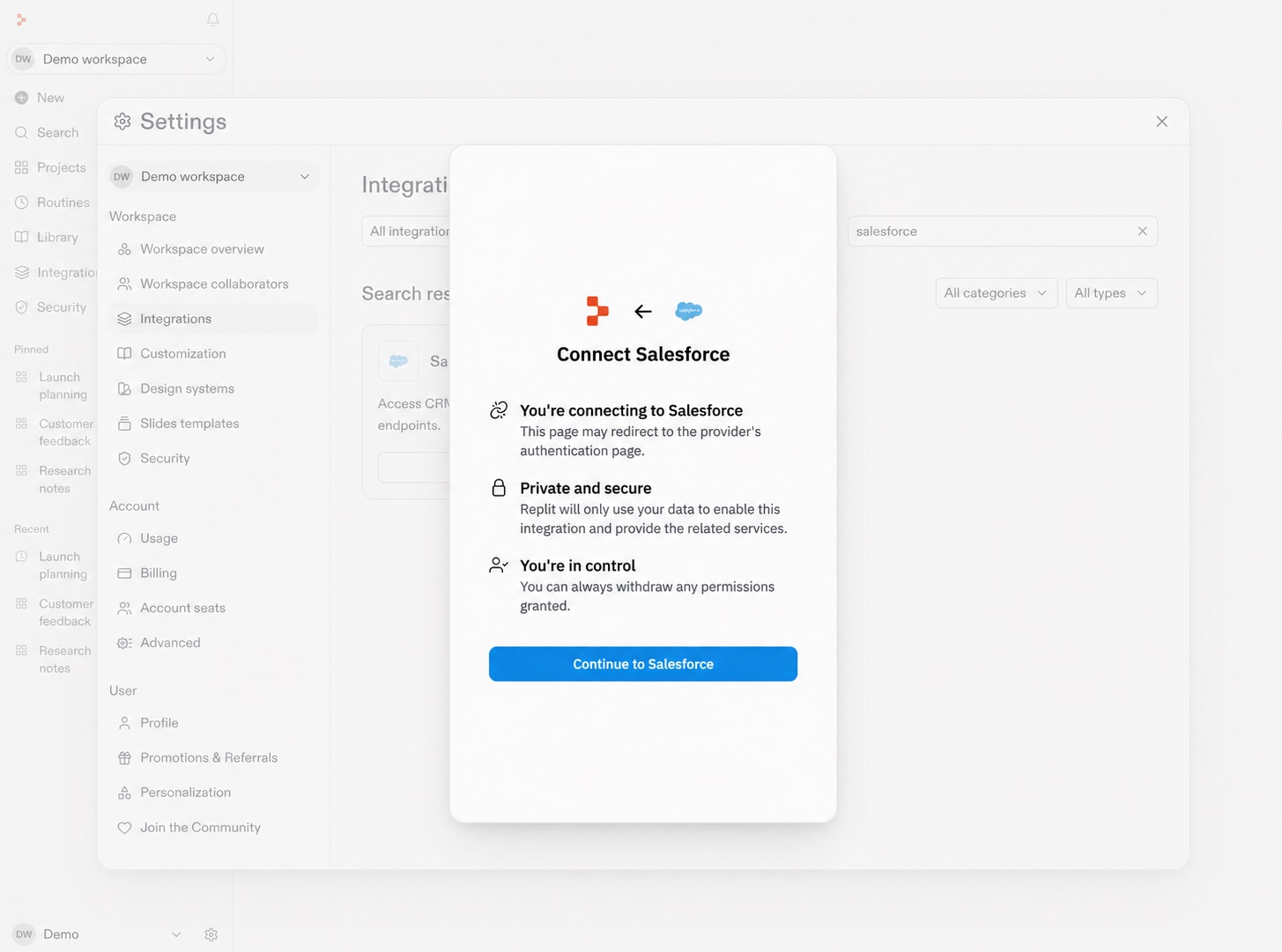 Sanitized Salesforce connection dialog describing authentication, privacy, permissions, and the Continue to Salesforce button