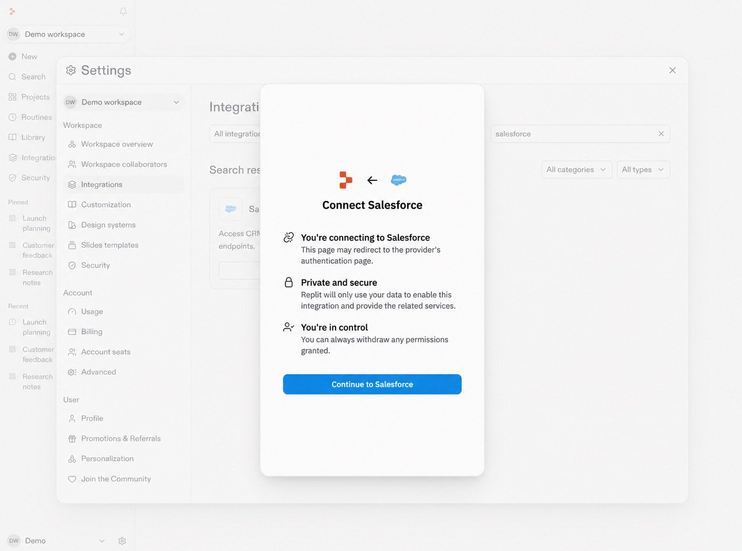 Sanitized Salesforce connection dialog describing authentication, privacy, permissions, and the Continue to Salesforce button