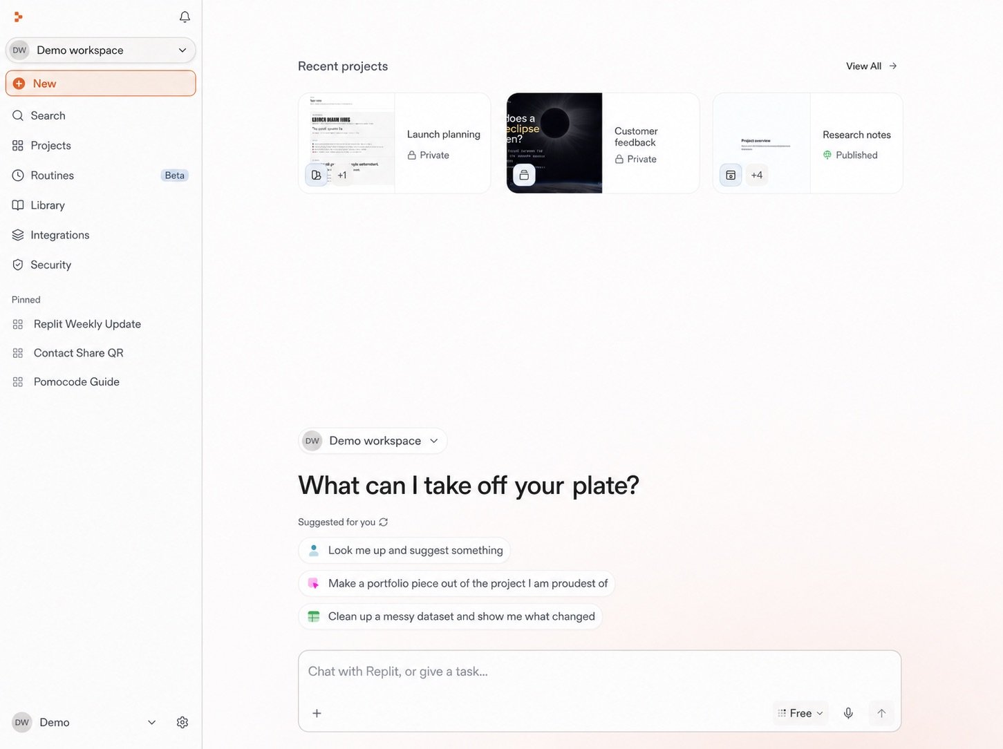 Replit home screen for Demo workspace with the New button highlighted, suggested prompts, and message box