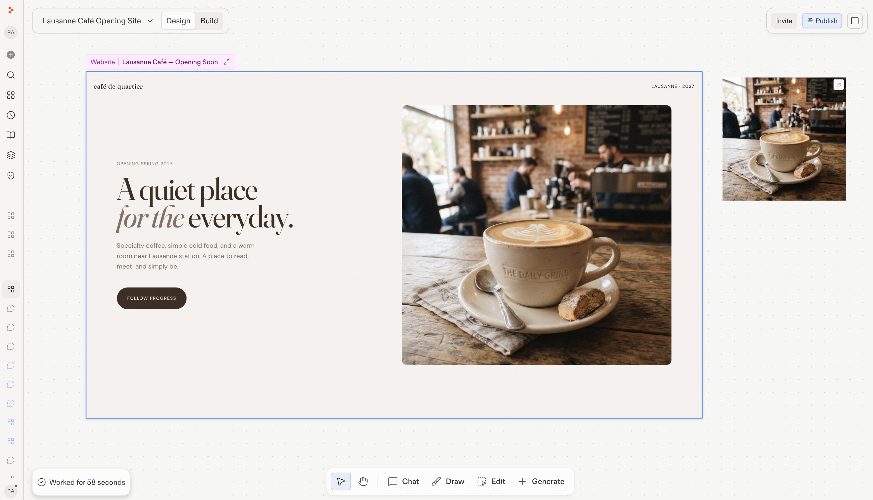 Replit Designで表示されたコーヒーショップのオープニングサイト