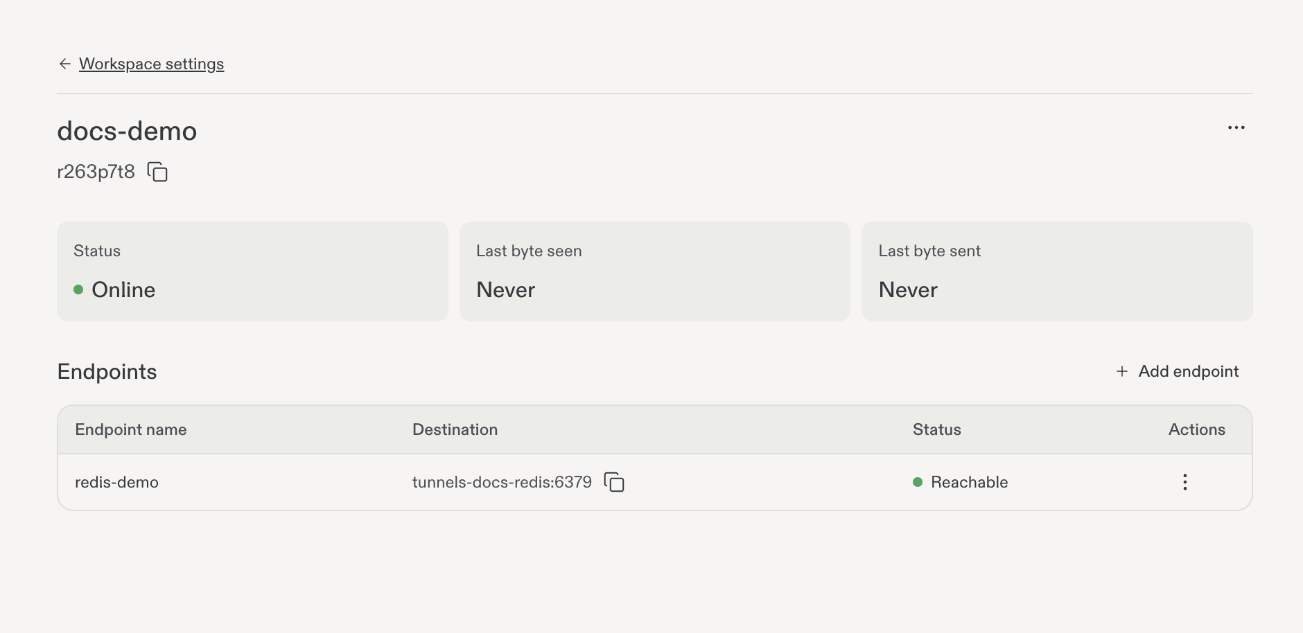 Saved Redis endpoint with the connector Online and destination Reachable.