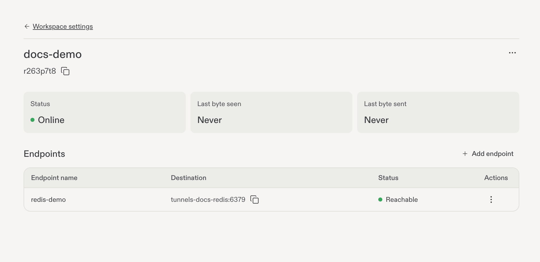 Saved Redis endpoint with the connector Online and destination Reachable.
