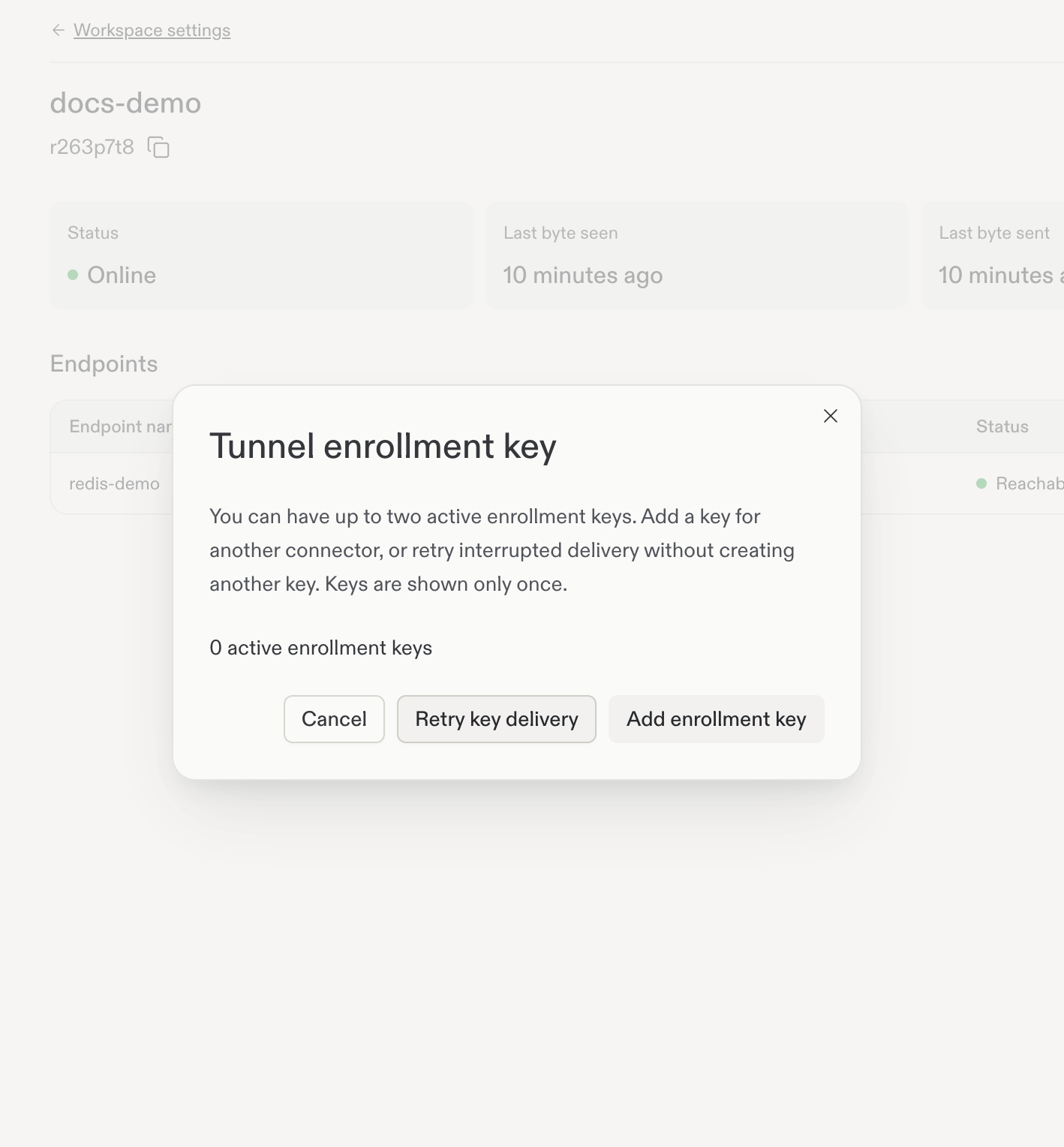 After revocation, the active key count updates. The established connector can still be Online.