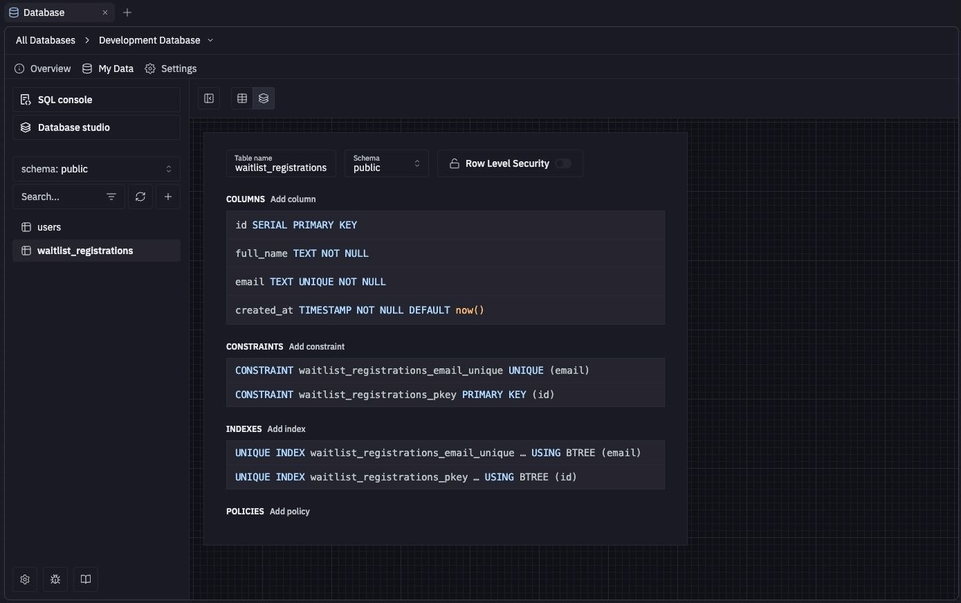 screenshot of the database editor
