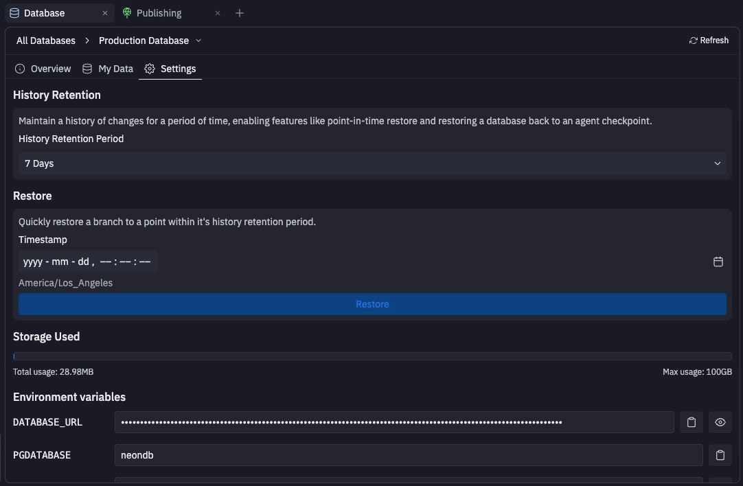 Database rollbacks interface showing rollback options