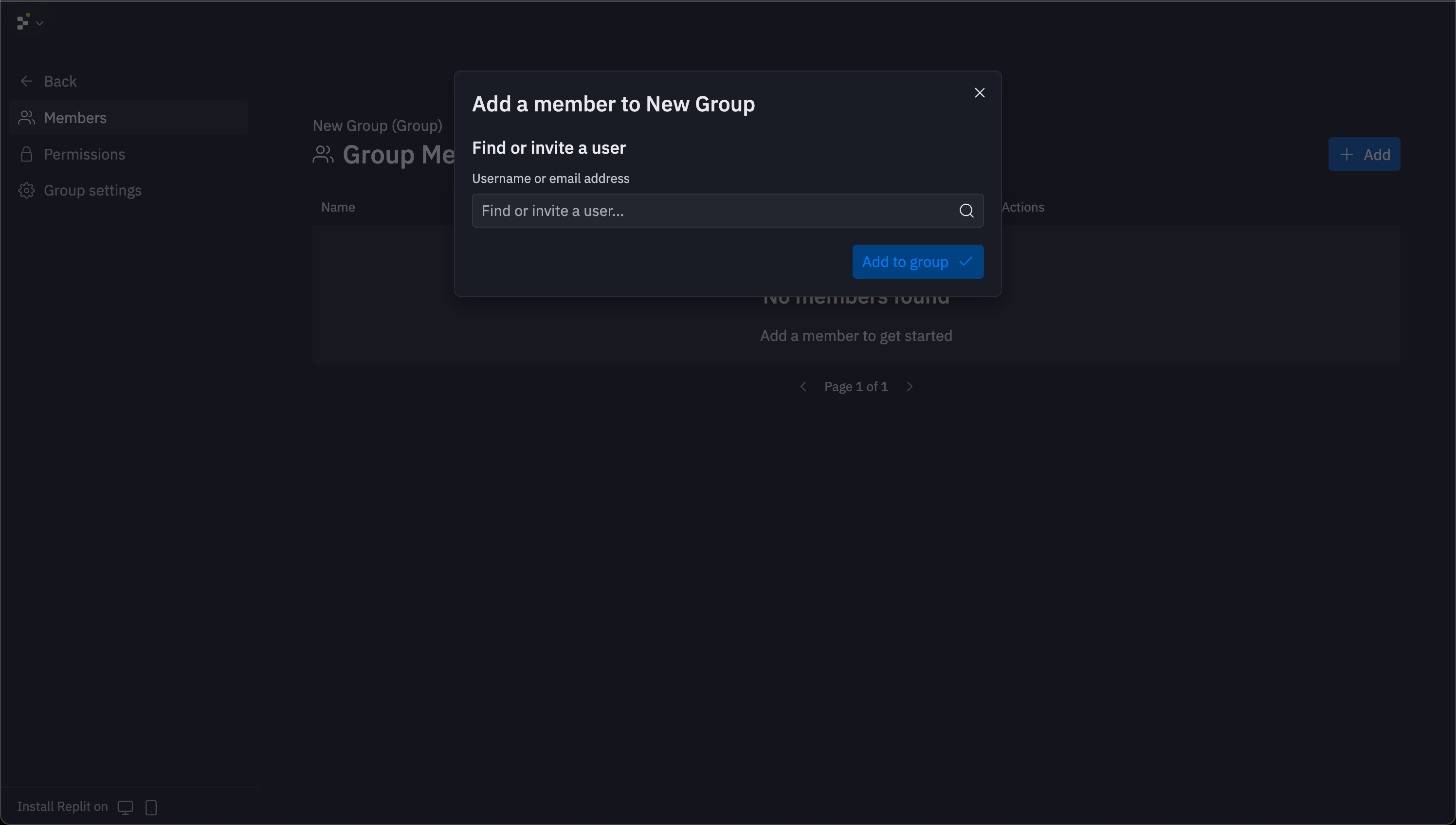 Adding a group member dialog with search field for username or email