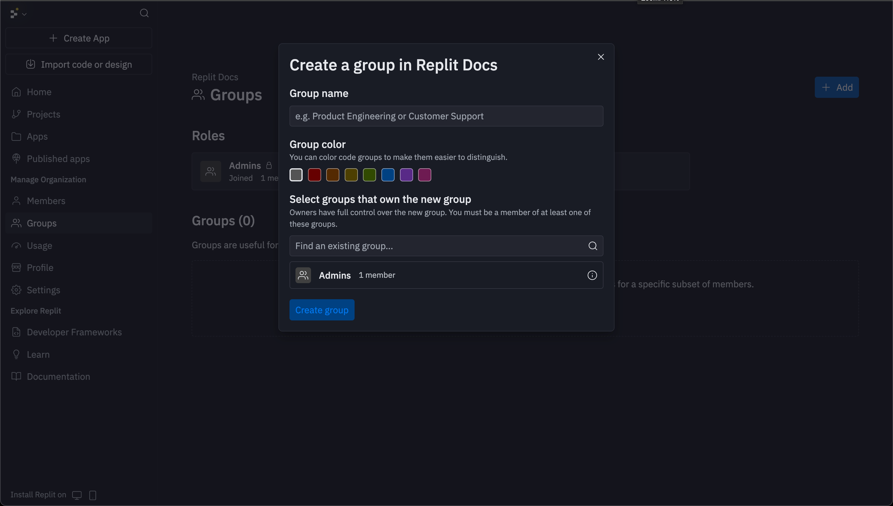 Creating a custom group modal with name field and color picker