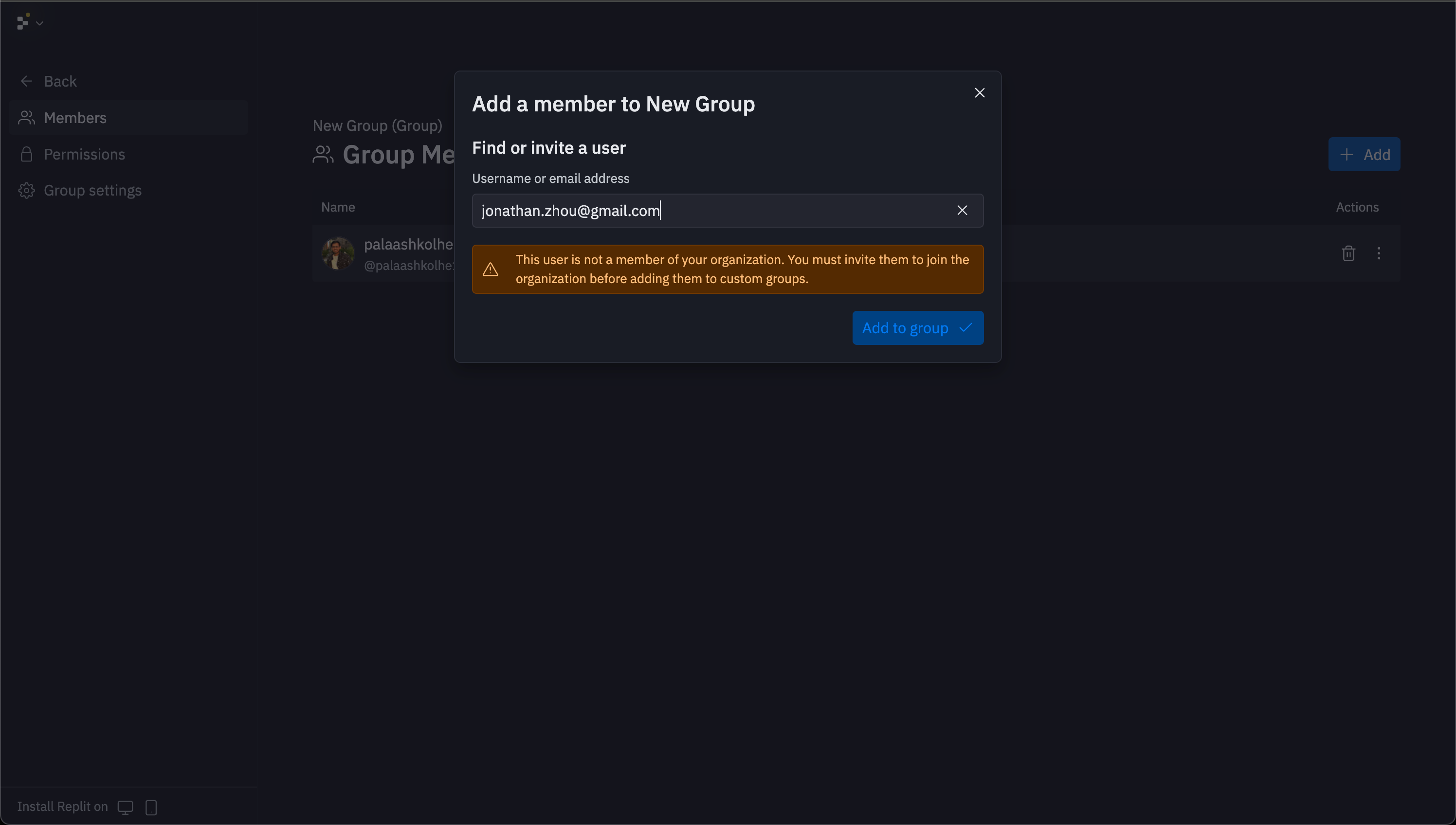 Warning dialog for adding non-organization members to groups