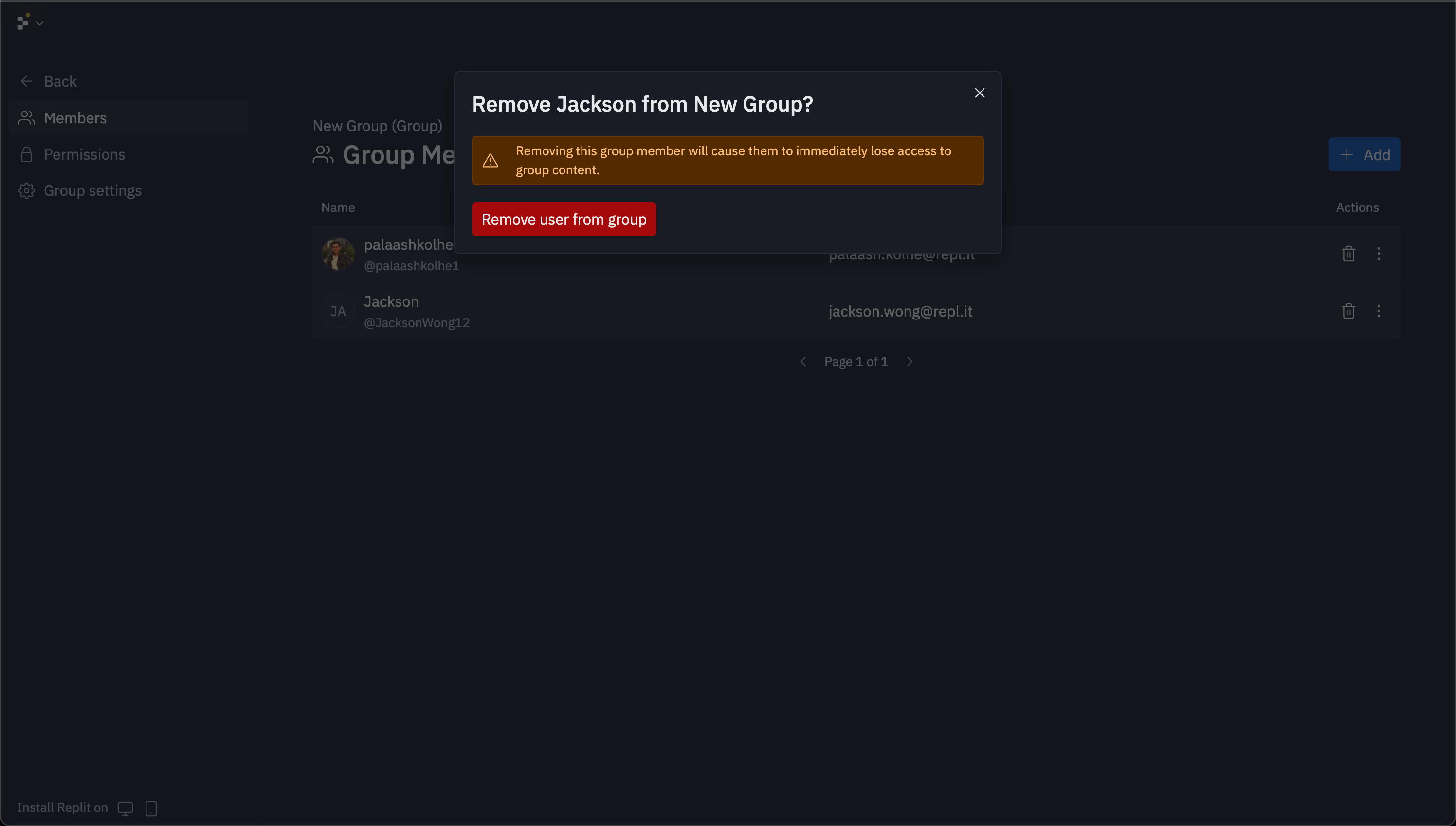 Group member removal confirmation dialog