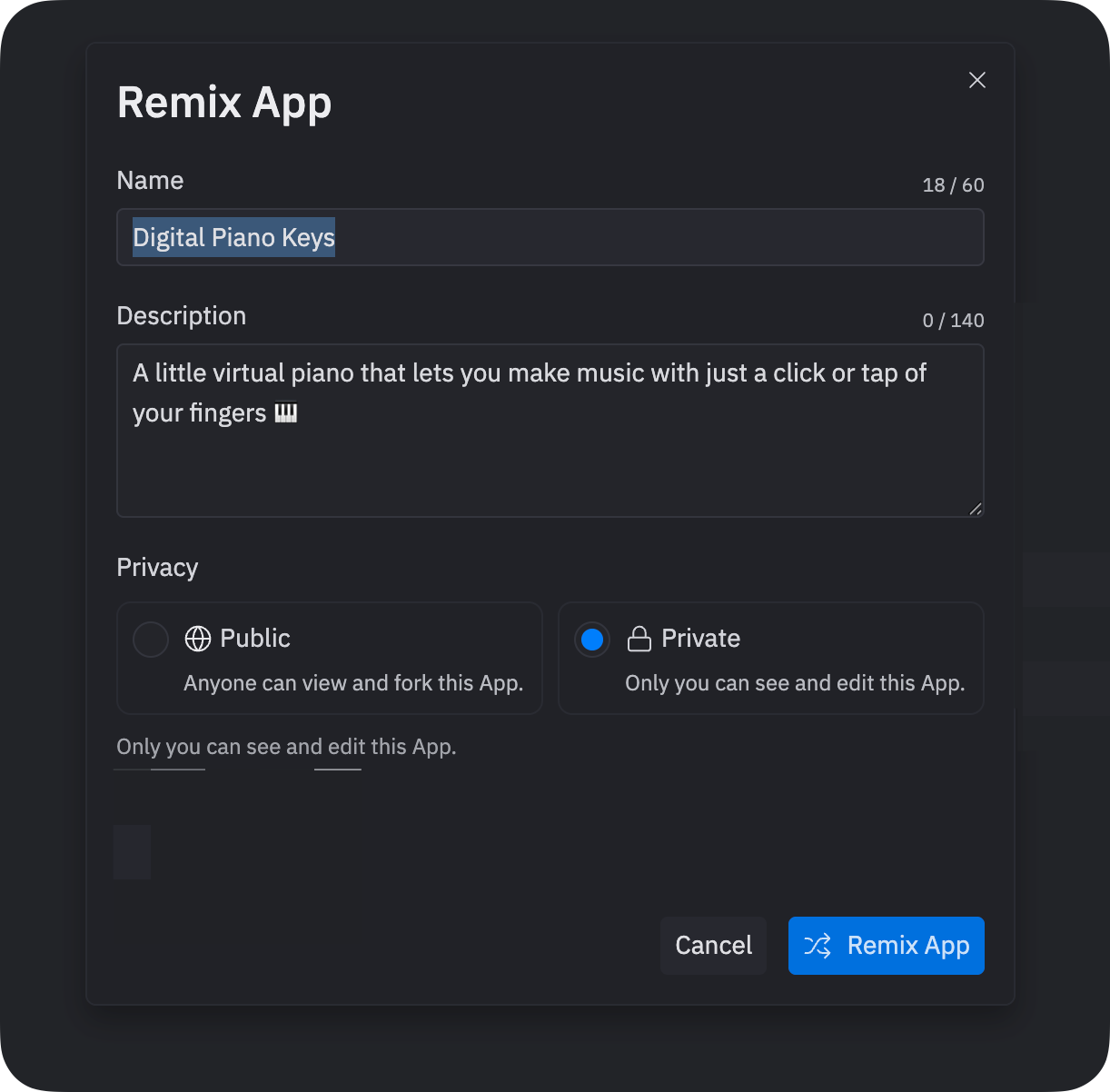 Remix App dialog showing app name, description, and privacy settings