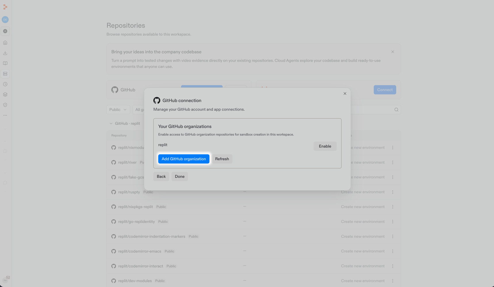 GitHub organization settings with Add GitHub organization highlighted.